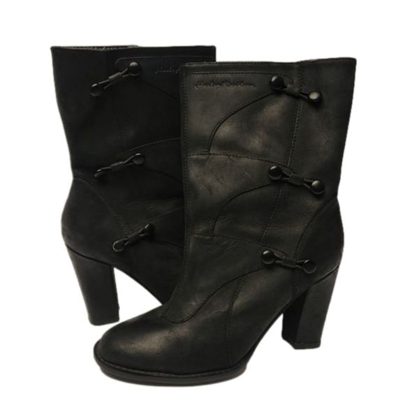 Harley-Davidson Shoes - Harley Davidson Moto Boots Size 8 Leather Zip Side Button Accents Stamped Logo